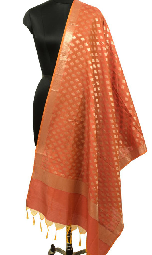 Orange Banarasi Dupatta Indian Art Silk Woven Zari Brocade Long Stole Scarves