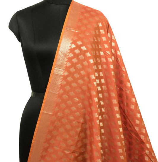 Orange Banarasi Dupatta Indian Art Silk Woven Zari Brocade Long Stole Scarves