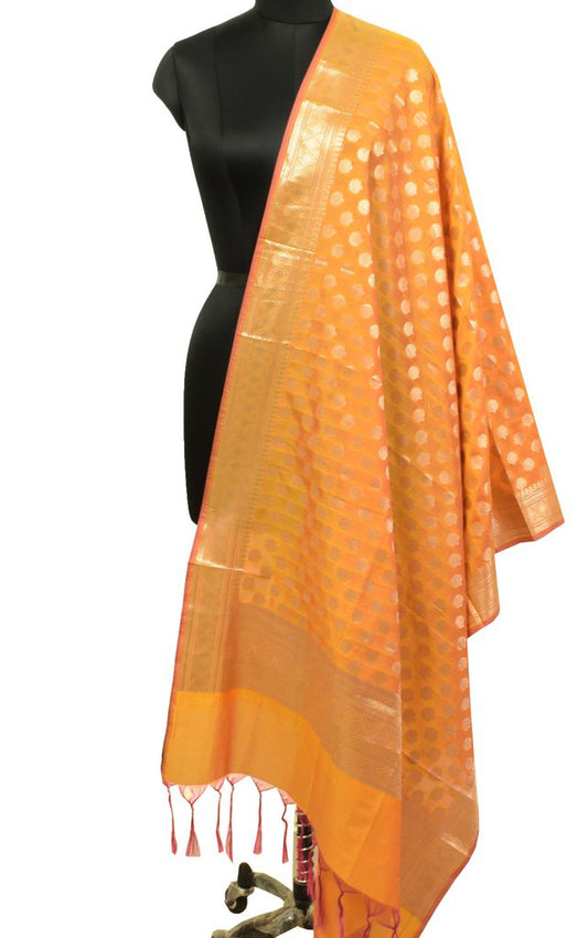 Orange Banarasi Dupatta Indian Art Silk Woven Zari Brocade Long Stole Scarves
