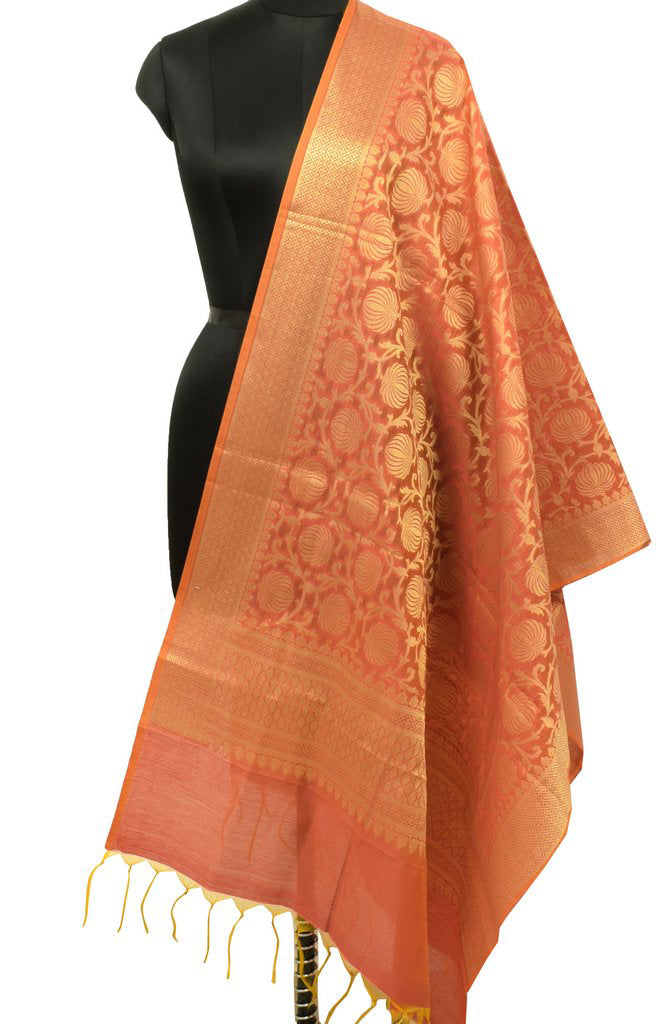 Orange Banarasi Dupatta Indian Art Silk Woven Zari Brocade Long Stole Scarves