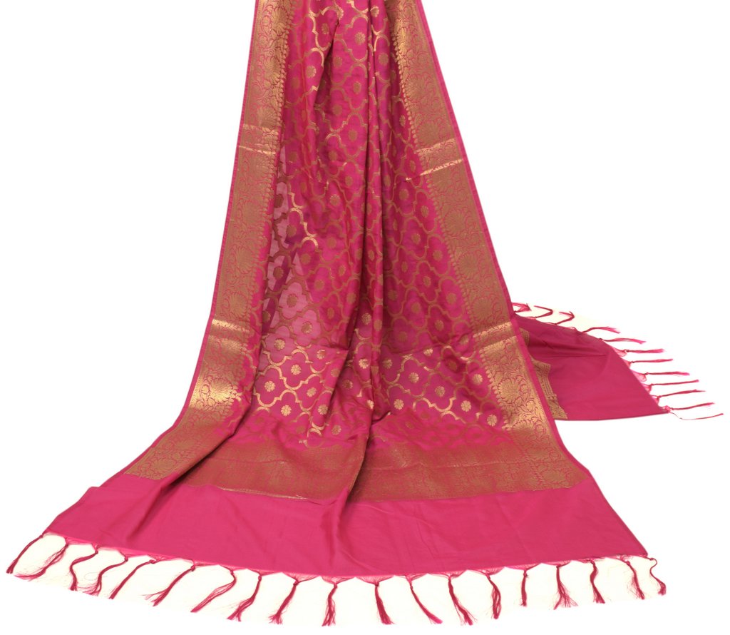 Hot Pink Banarasi Dupatta Indian Art Silk Woven Zari Brocade Long Stole Scarves