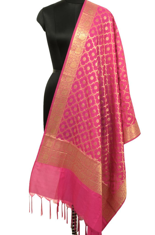 Hot Pink Banarasi Dupatta Indian Art Silk Woven Zari Brocade Long Stole Scarves