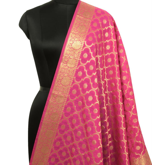 Hot Pink Banarasi Dupatta Indian Art Silk Woven Zari Brocade Long Stole Scarves