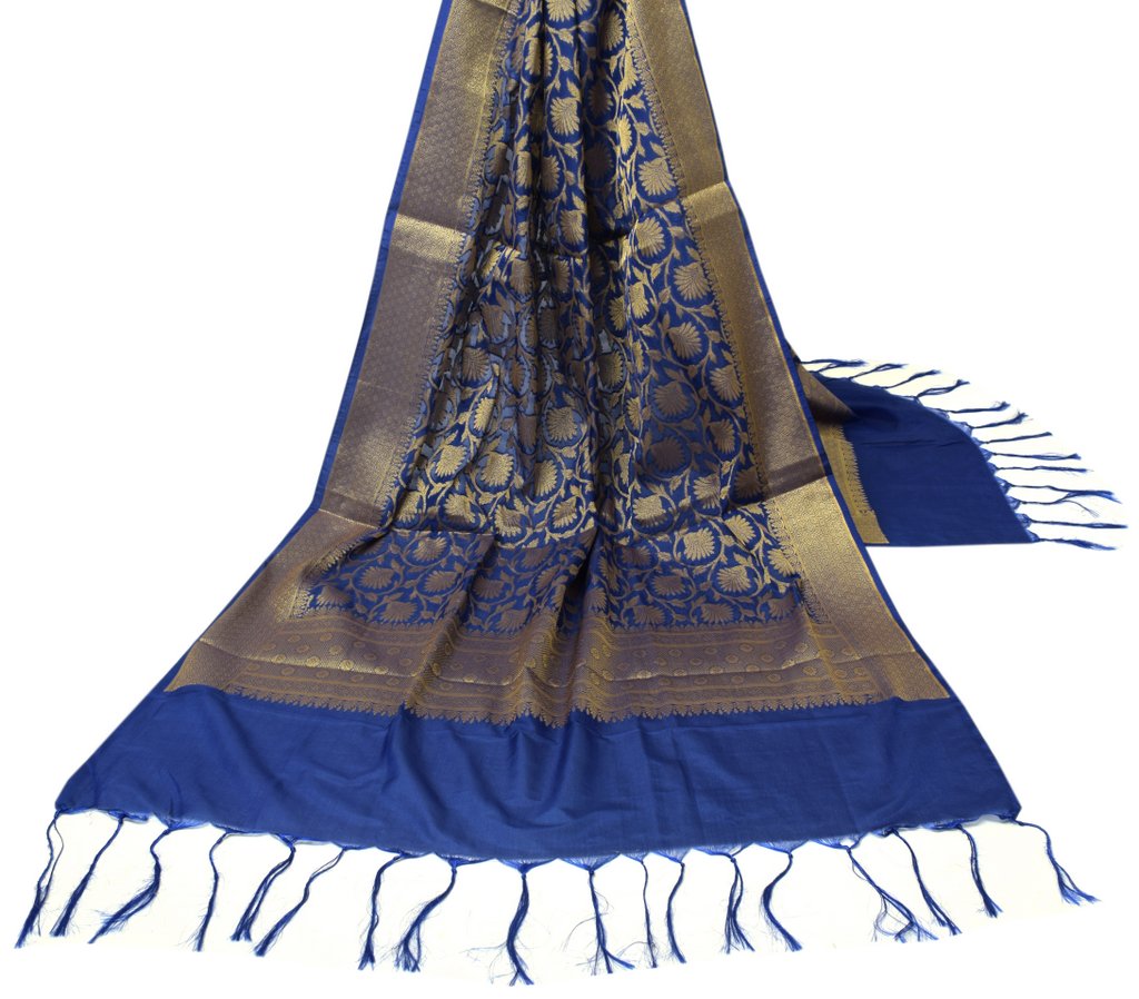 Blue Banarasi Dupatta Indian Art Silk Woven Zari Brocade Long Stole Scarves Wrap