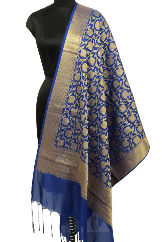 Blue Banarasi Dupatta Indian Art Silk Woven Zari Brocade Long Stole Scarves Wrap
