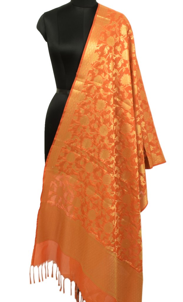 Orange Banarasi Dupatta Indian Art Silk Woven Zari Brocade Long Stole Scarves