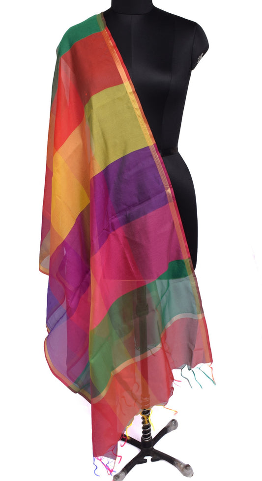 Multi-Color Banarasi Dupatta Handloom Colorblocked with Zari Border Long Stole