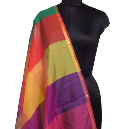 Multi-Color Banarasi Dupatta Handloom Colorblocked with Zari Border Long Stole