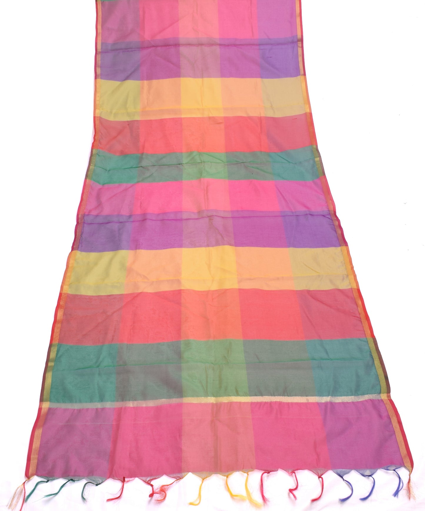 Multi-Color Banarasi Dupatta Handloom Colorblocked with Zari Border Long Stole