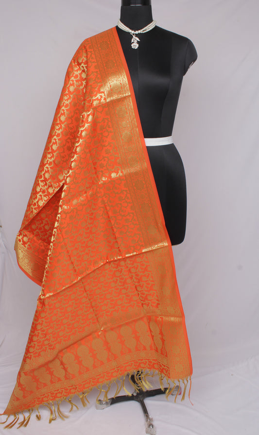 Orange Banarasi Dupatta Indian Art Silk Woven Zari Brocade Long Stole Scarves