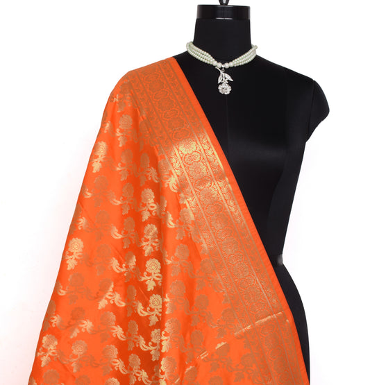 Orange Banarasi Dupatta Indian Art Silk Woven Zari Brocade Long Stole Scarves