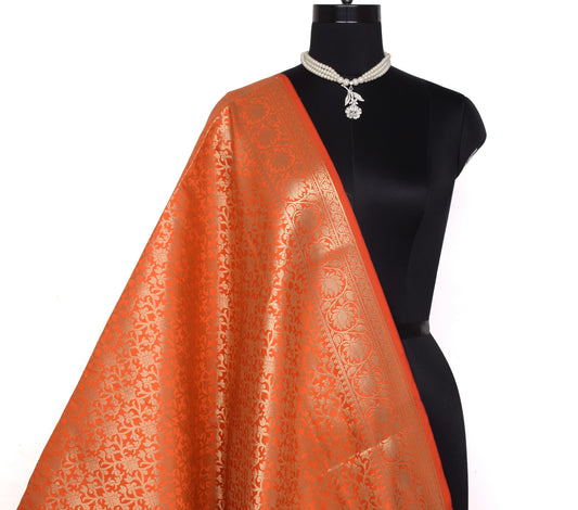 Orange Banarasi Dupatta Indian Art Silk Woven Zari Brocade Long Stole Scarves