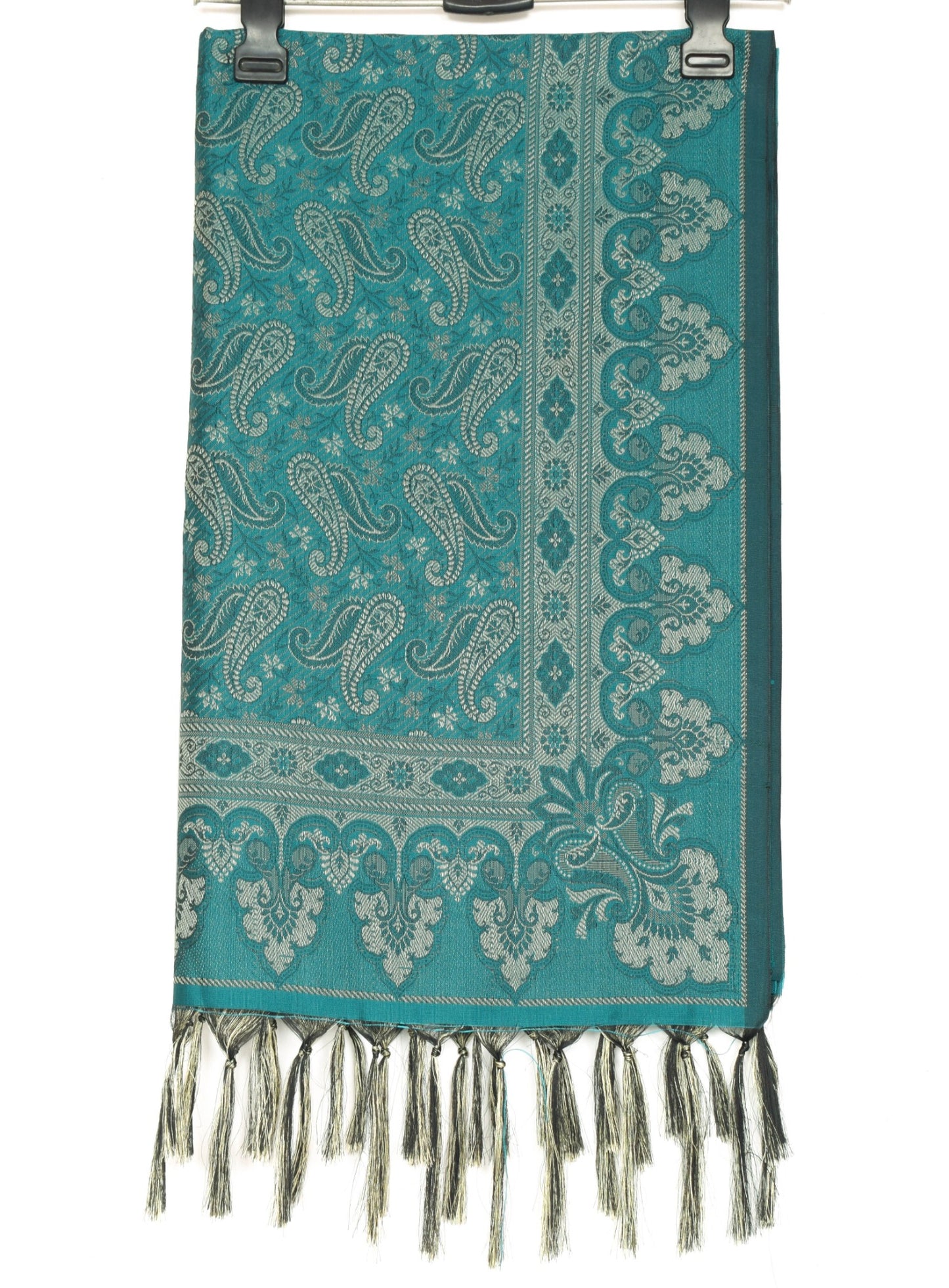 Teal Green Art Silk Woven Paisley Soft Long Stole Scarf Wrap