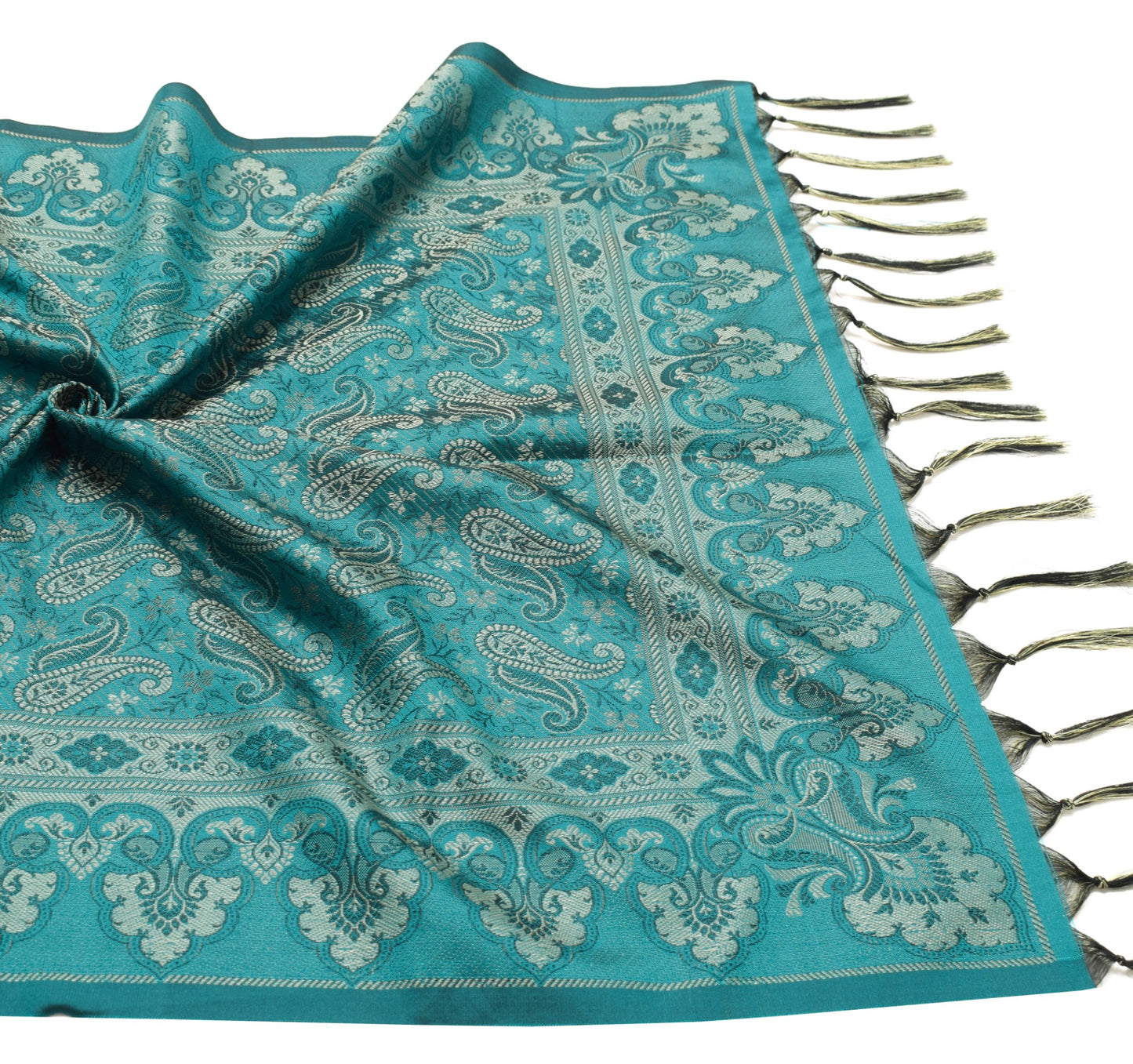 Teal Green Art Silk Woven Paisley Soft Long Stole Scarf Wrap