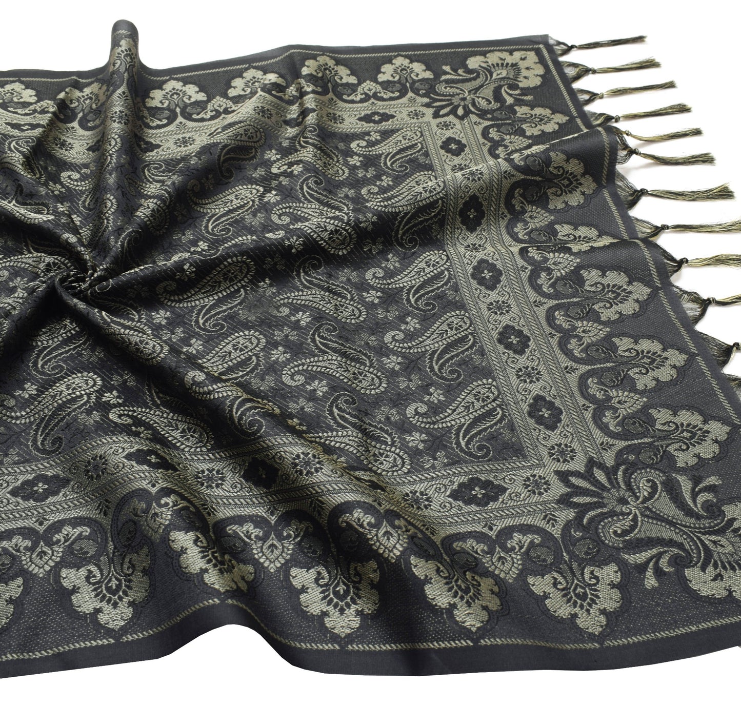 Long Stole Indian Art Silk Woven Banarasi Soft Black Dupatta