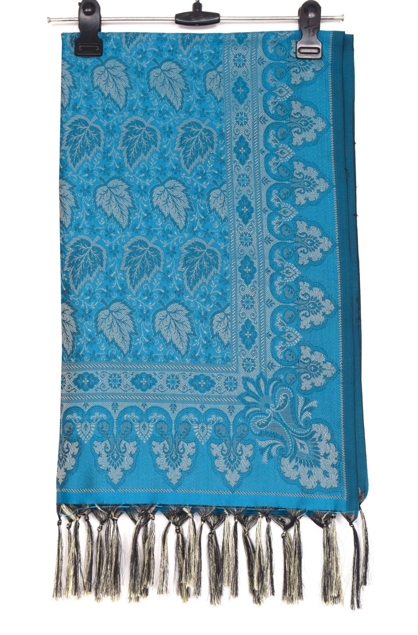 Art Silk Turquoise Blue Woven Floral Soft Long Stole Scarf Wrap
