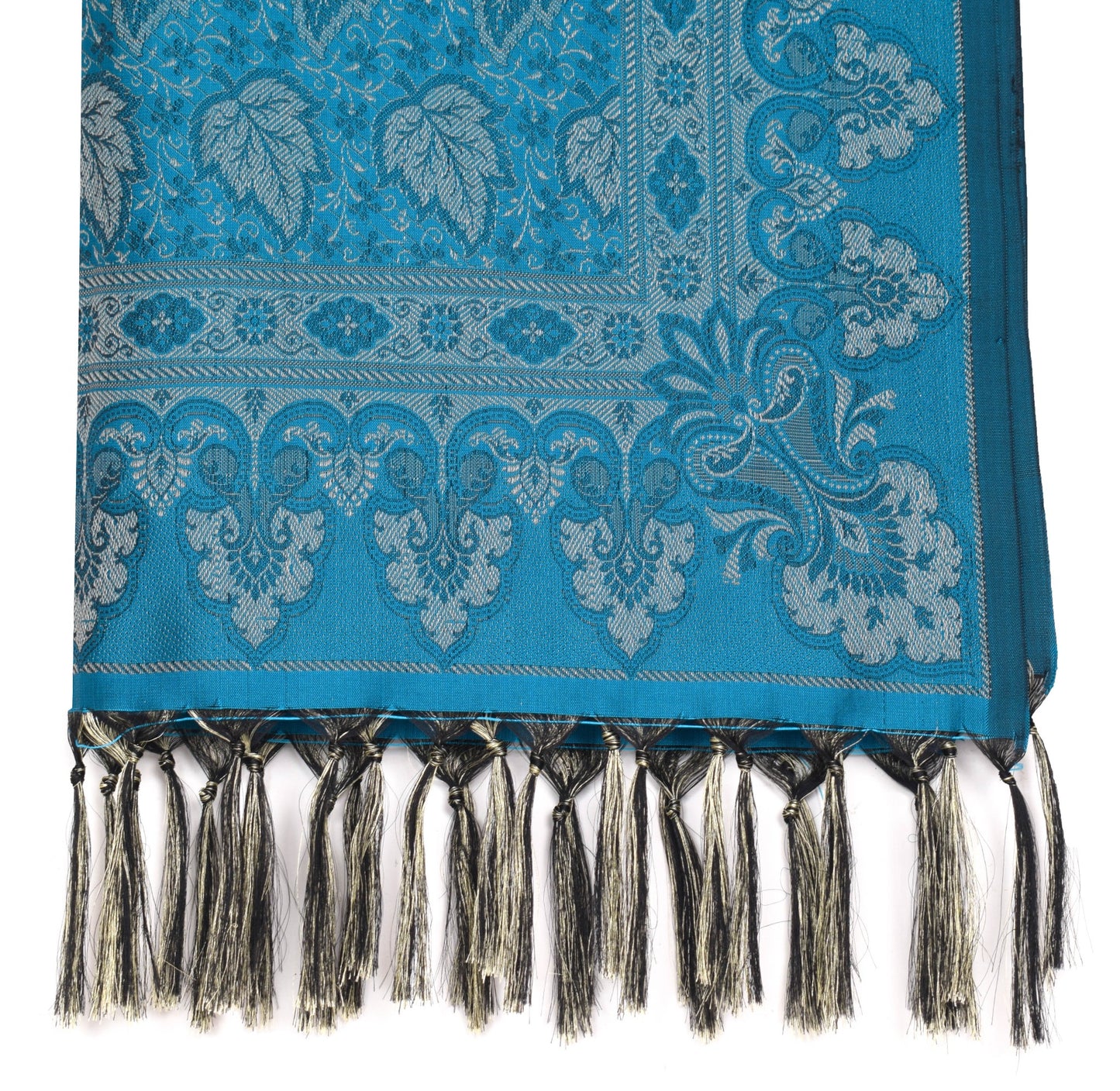 Art Silk Turquoise Blue Woven Floral Soft Long Stole Scarf Wrap