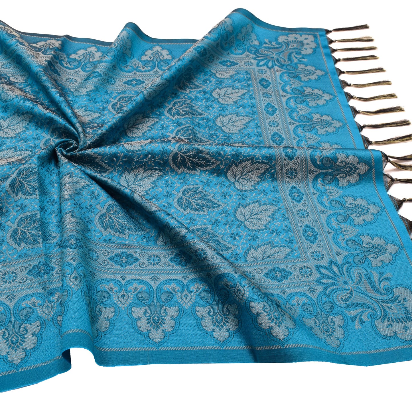 Art Silk Turquoise Blue Woven Floral Soft Long Stole Scarf Wrap
