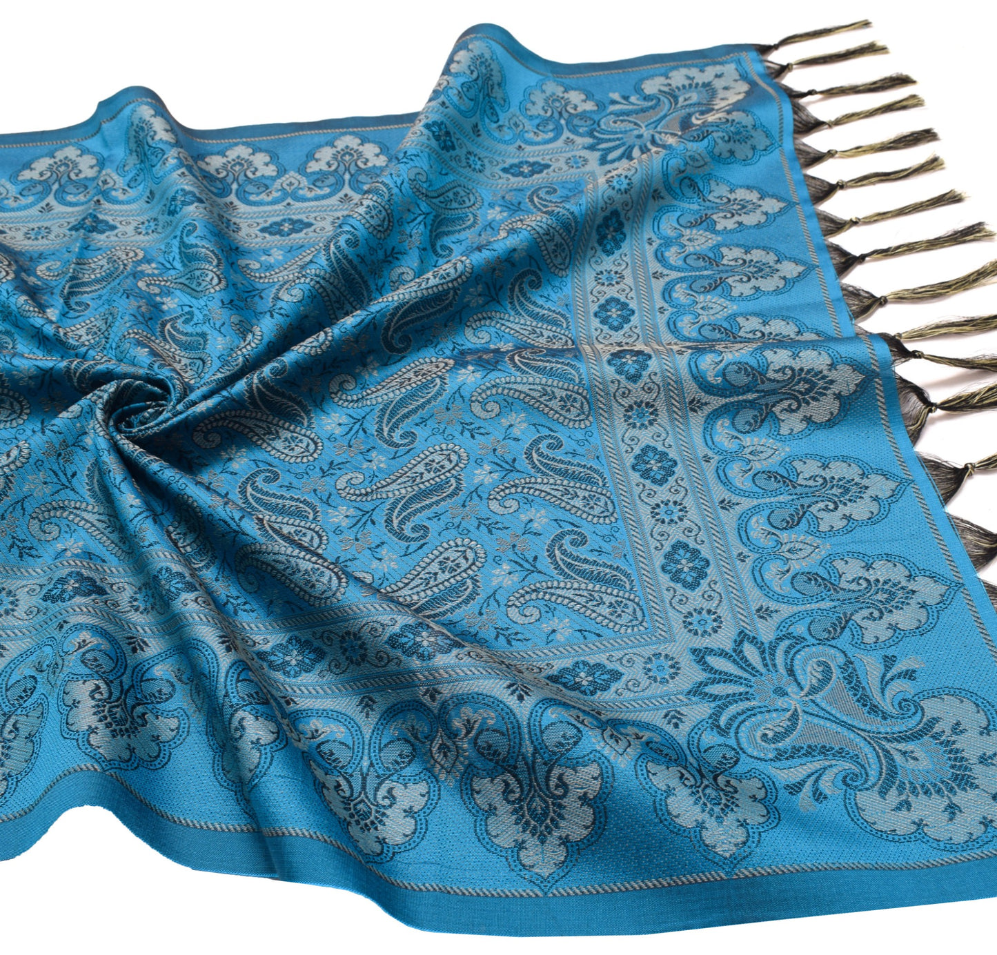 Turquoise Blue Art Silk Woven Paisley Soft Long Stole Scarf