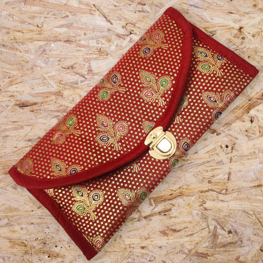Red Clutch Women's Purse Woven Zari Brocade Banarasi Fabric 5 Pocket Hand Bag