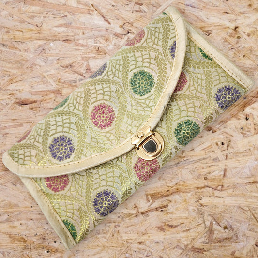 Cream Clutch Women's Purse Woven Zari Brocade Banarasi Fabric 5 Pocket Hand Bag
