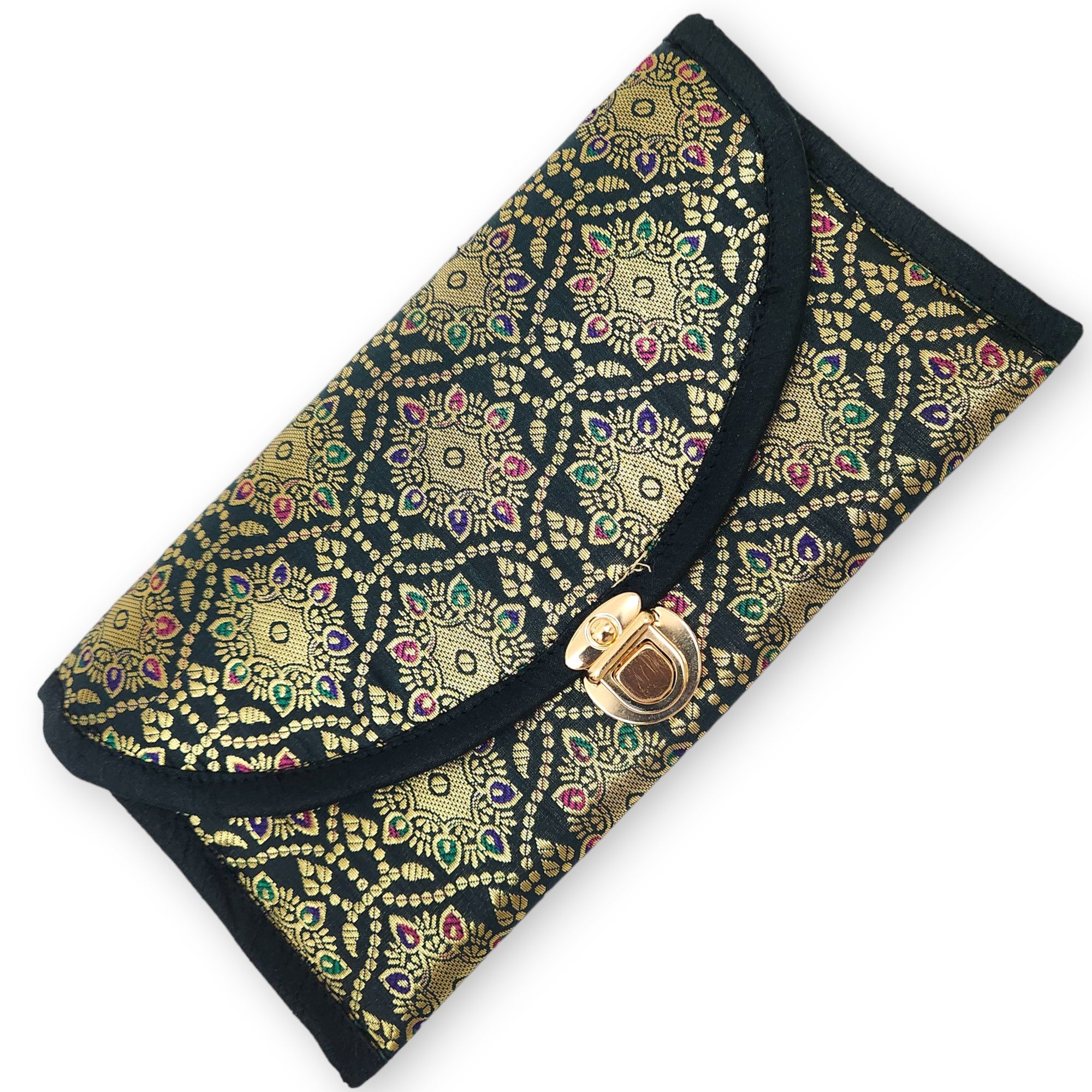 Green Clutch Women's Purse Woven Zari Brocade Banarasi Fabric Pocket