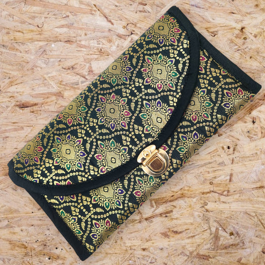 Green Clutch Women's Purse Woven Zari Brocade Banarasi Fabric 5 Pocket Hand Bag