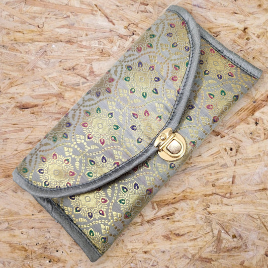 Gray Clutch Women's Purse Woven Zari Brocade Banarasi Fabric 5 Pocket Hand Bag