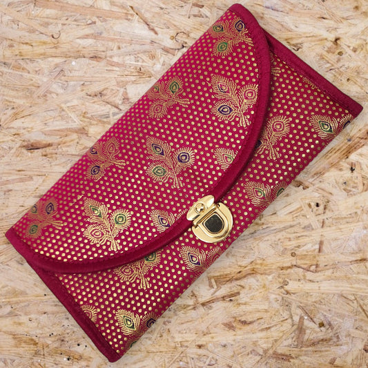 Pink Clutch Women's Purse Woven Zari Brocade Banarasi Fabric 5 Pocket Hand Bag