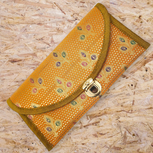 Mustard Clutch Women's Purse Woven Zari Brocade Banarasi Fabric 5 Pkt Hand Bag