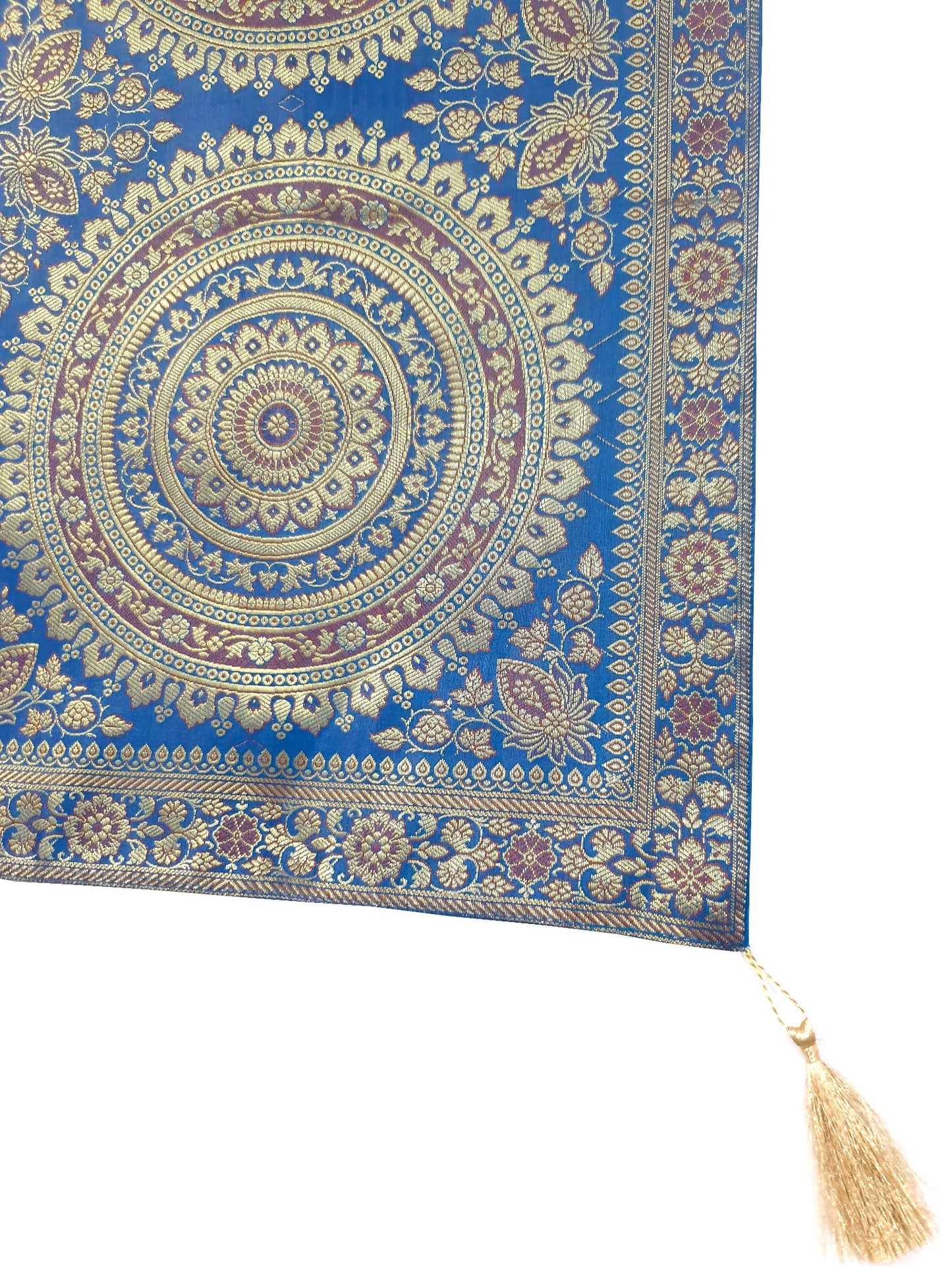 Turquoise Table Runner 72x16" Banarasi Silk Brocade Mandala Dining Decor Cloth