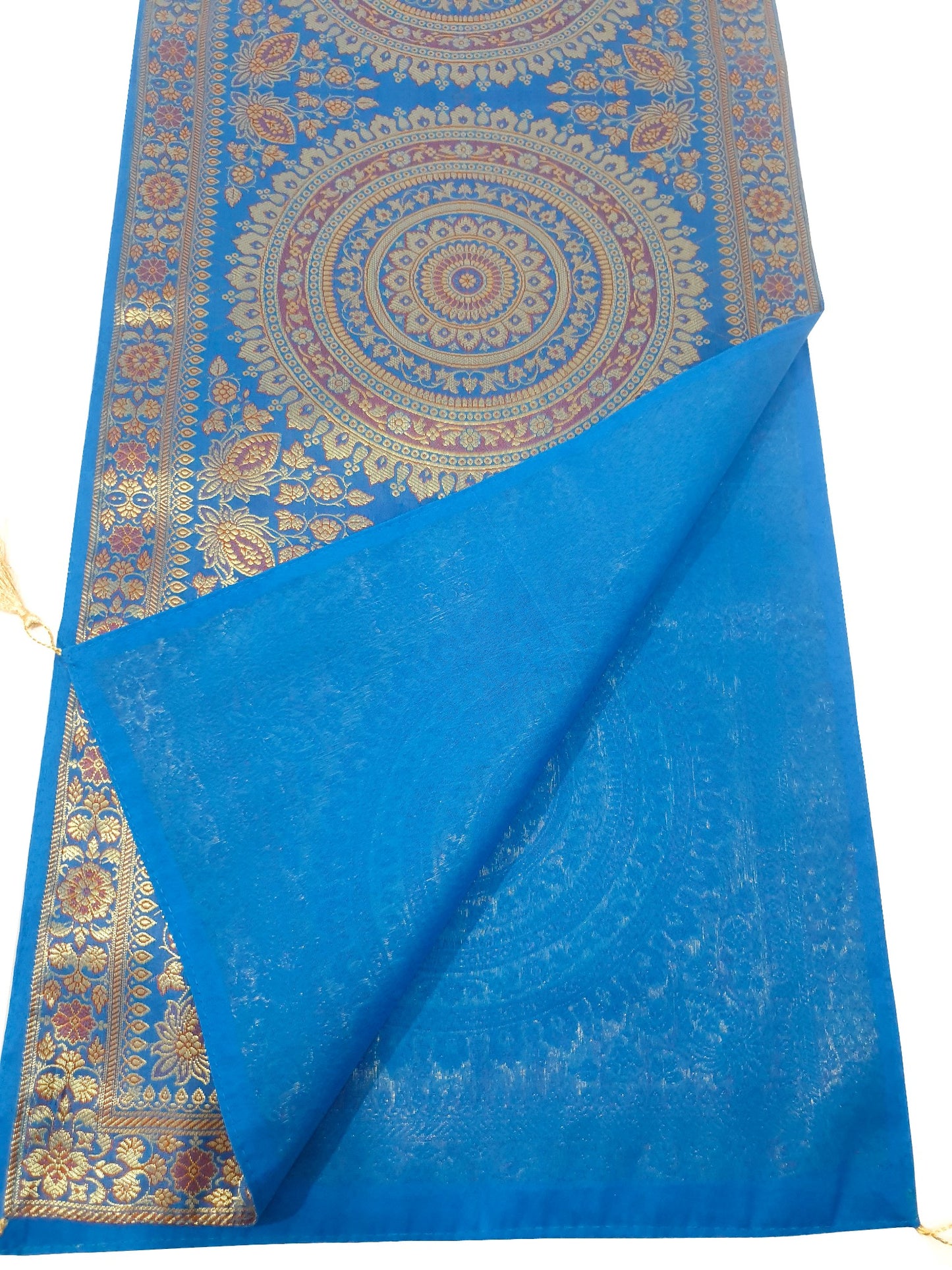 Turquoise Table Runner 72x16" Banarasi Silk Brocade Mandala Dining Decor Cloth