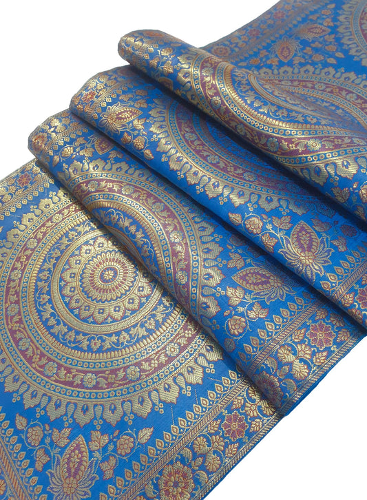Turquoise Table Runner 72x16" Banarasi Silk Brocade Mandala Dining Decor Cloth