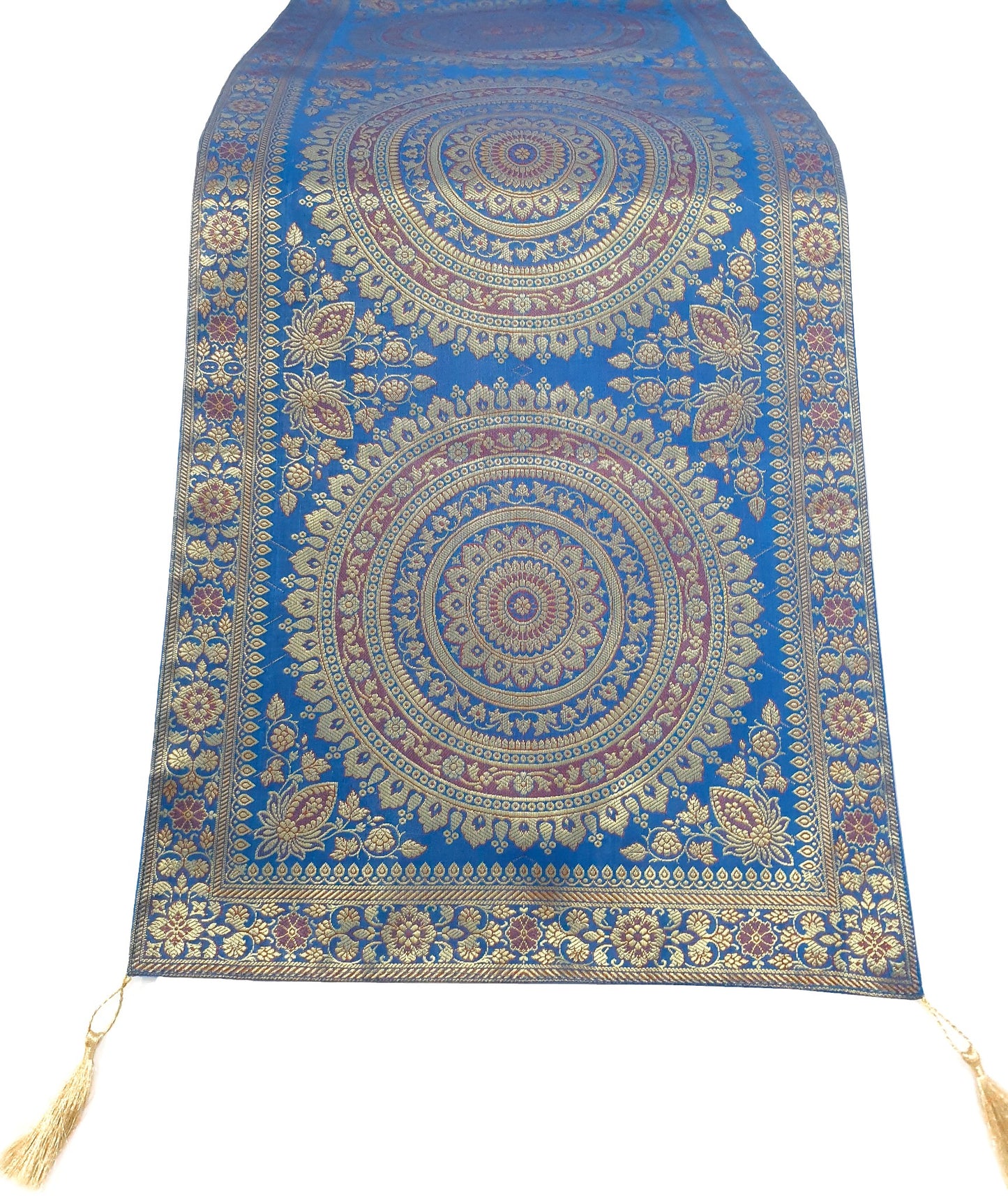 Turquoise Table Runner 72x16" Banarasi Silk Brocade Mandala Dining Decor Cloth