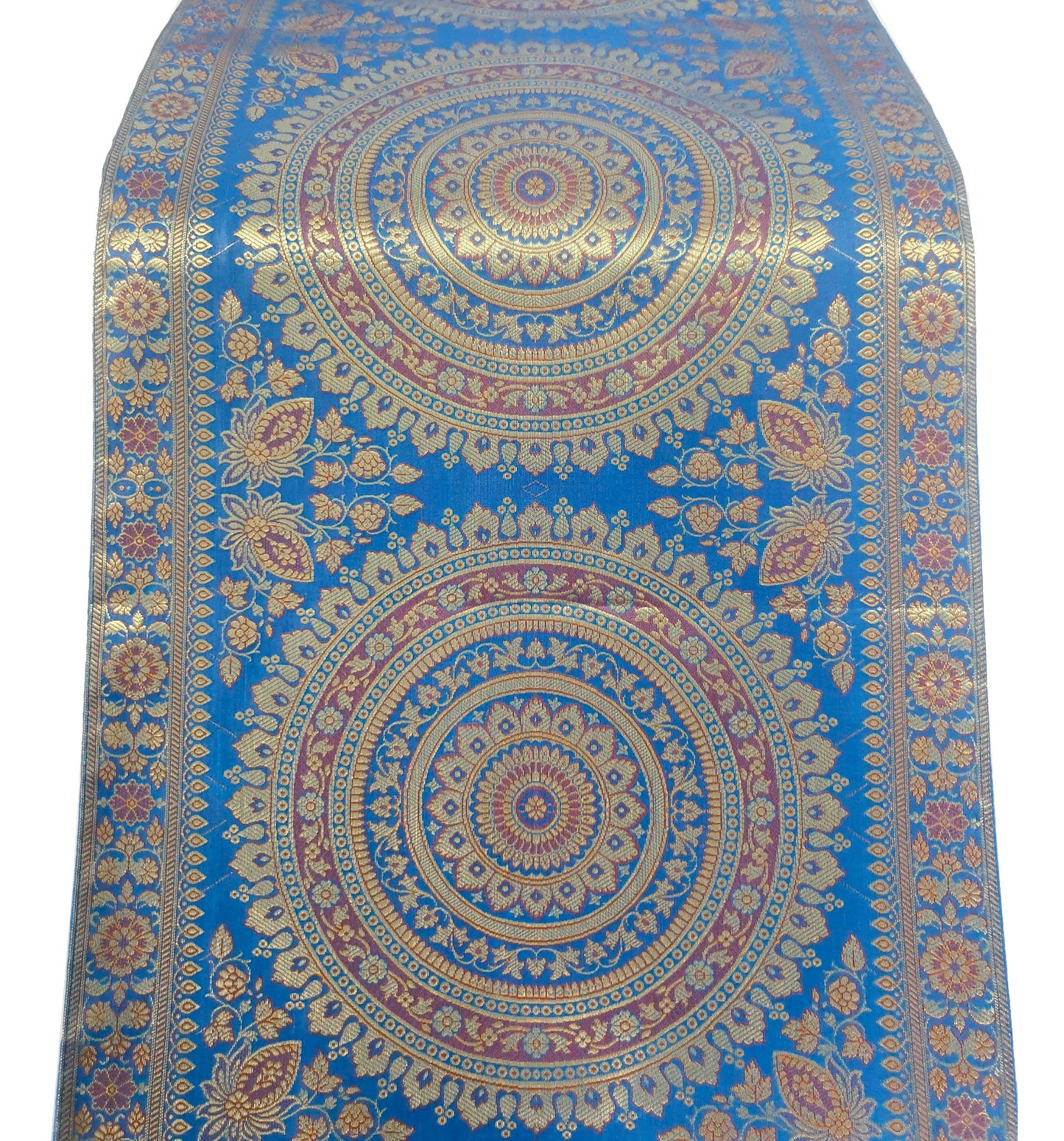 Turquoise Table Runner 72x16" Banarasi Silk Brocade Mandala Dining Decor Cloth
