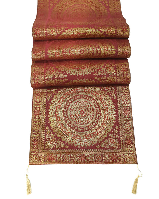 Maroon Banarasi Table Runner 72x16" Silk Brocade Mandala Dining Decor Cloth Gift