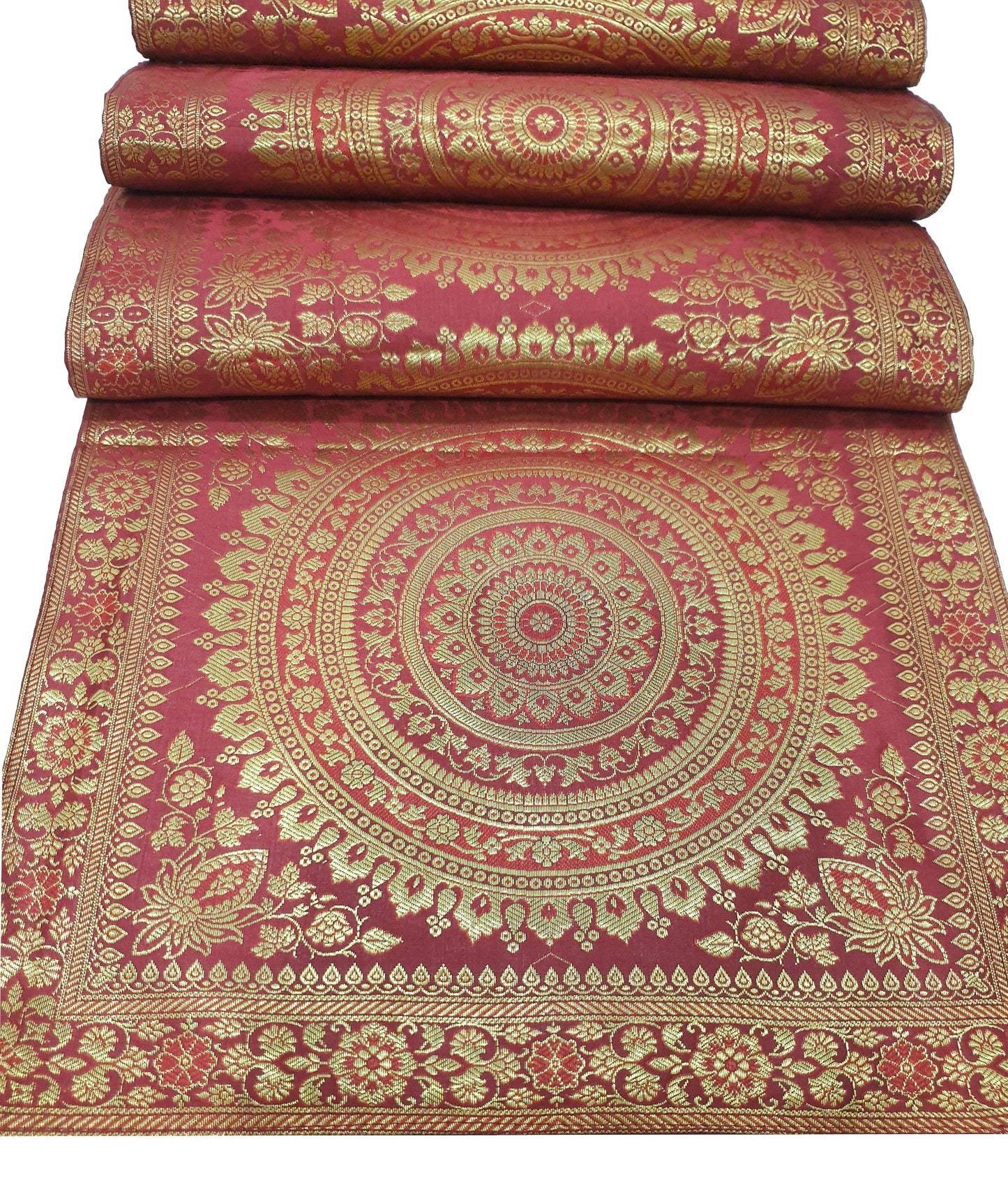 Maroon Banarasi Table Runner 72x16" Silk Brocade Mandala Dining Decor Cloth Gift