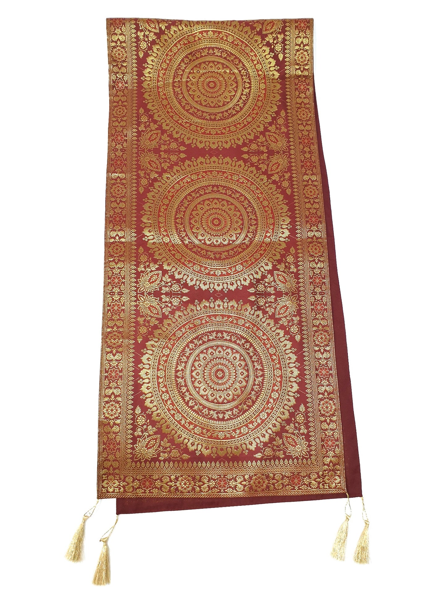 Maroon Banarasi Table Runner 72x16" Silk Brocade Mandala Dining Decor Cloth Gift