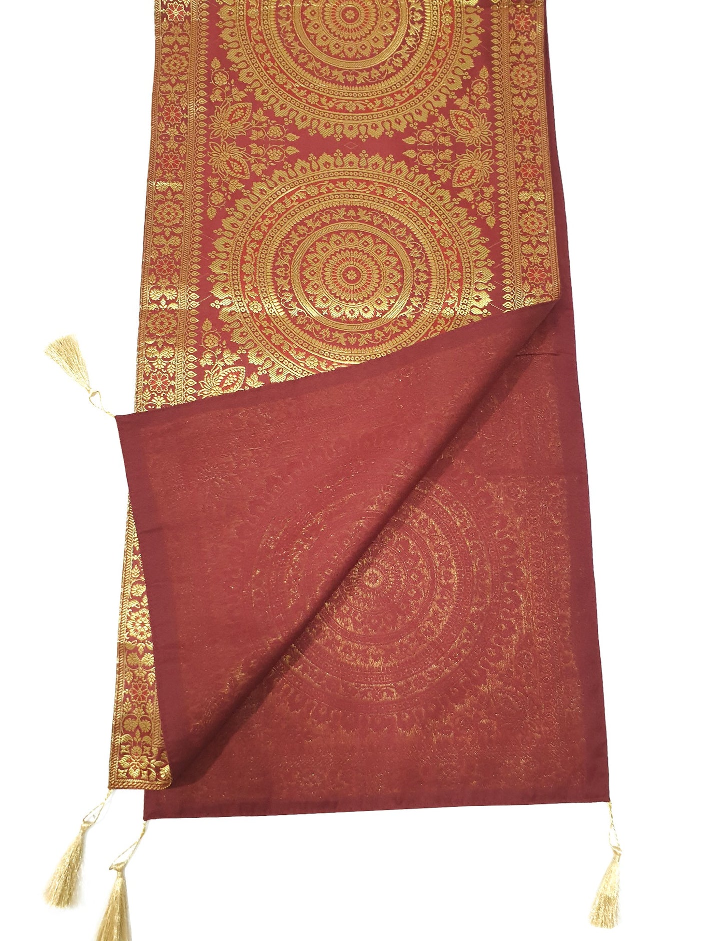 Maroon Banarasi Table Runner 72x16" Silk Brocade Mandala Dining Decor Cloth Gift