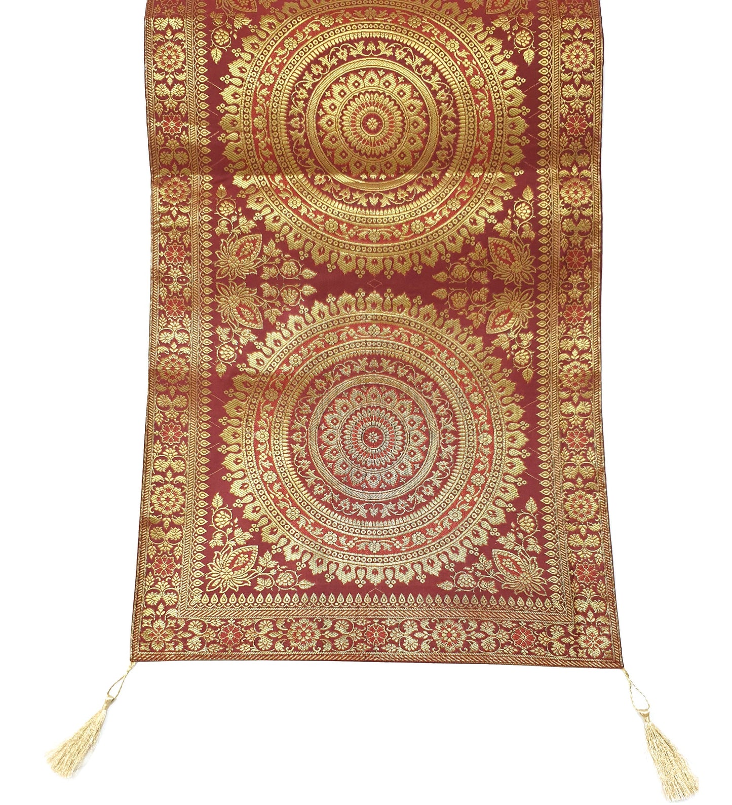 Maroon Banarasi Table Runner 72x16" Silk Brocade Mandala Dining Decor Cloth Gift
