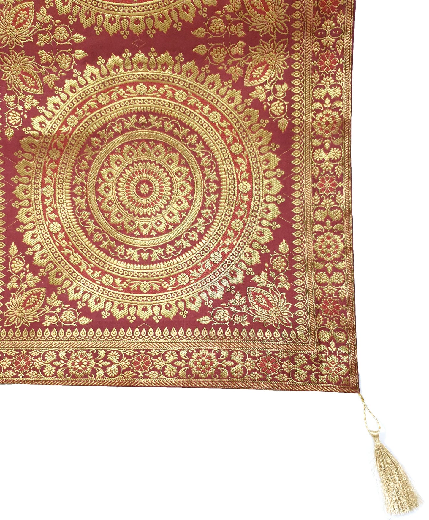 Maroon Banarasi Table Runner 72x16" Silk Brocade Mandala Dining Decor Cloth Gift
