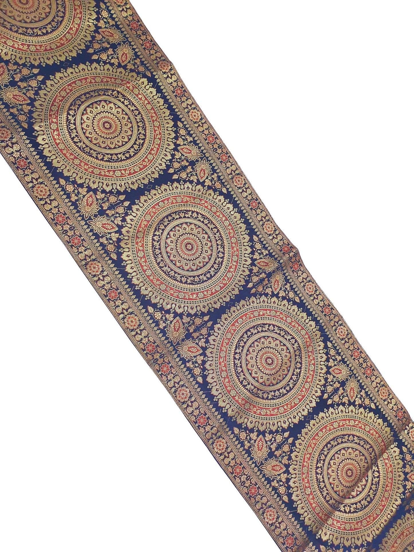 Dark Blue Table Runner 72x16" Banarasi Silk Brocade Mandala Dining Decor Cloth