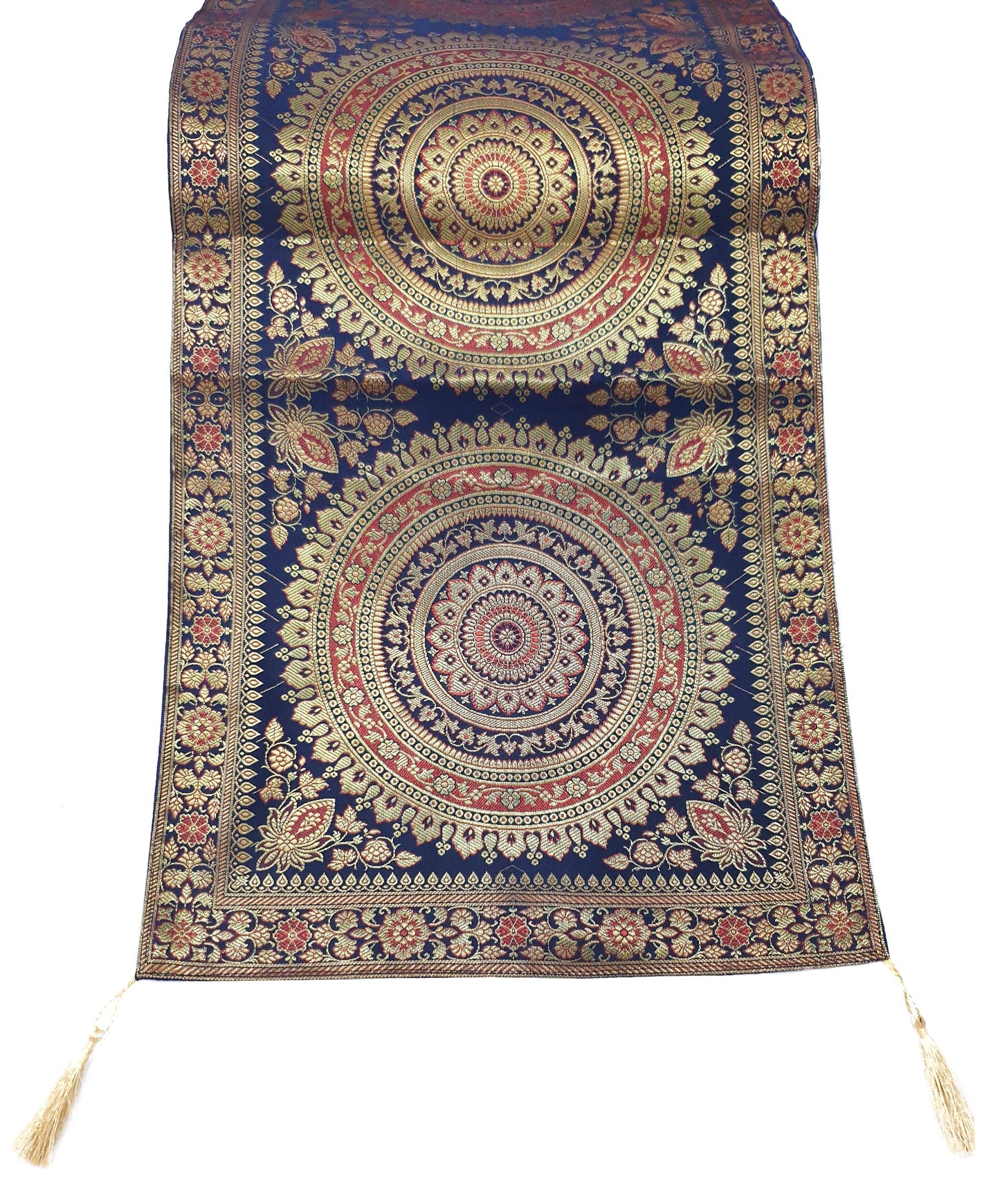Dark Blue Table Runner 72x16" Banarasi Silk Brocade Mandala Dining Decor Cloth