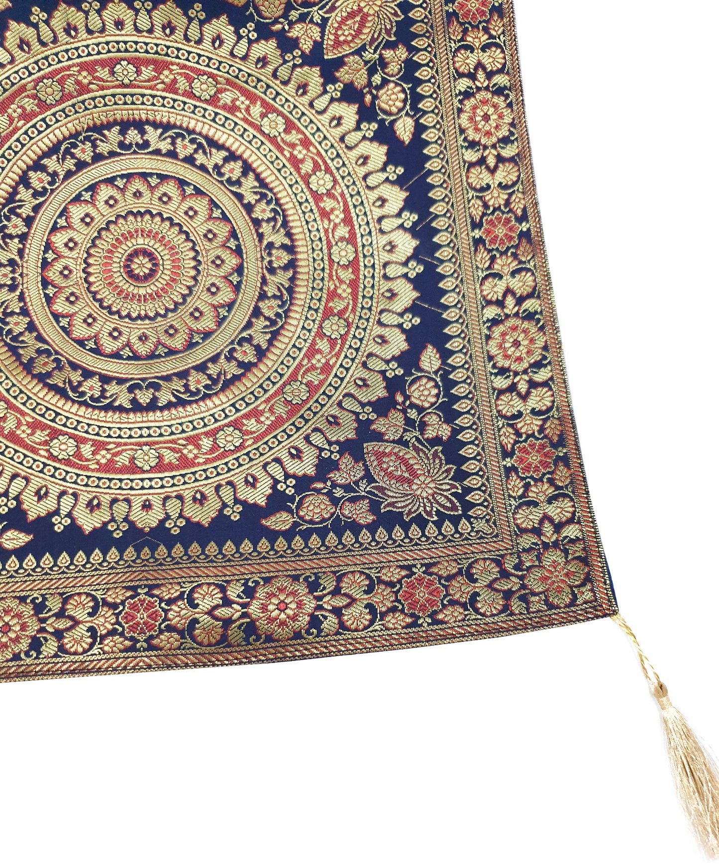 Dark Blue Table Runner 72x16" Banarasi Silk Brocade Mandala Dining Decor Cloth