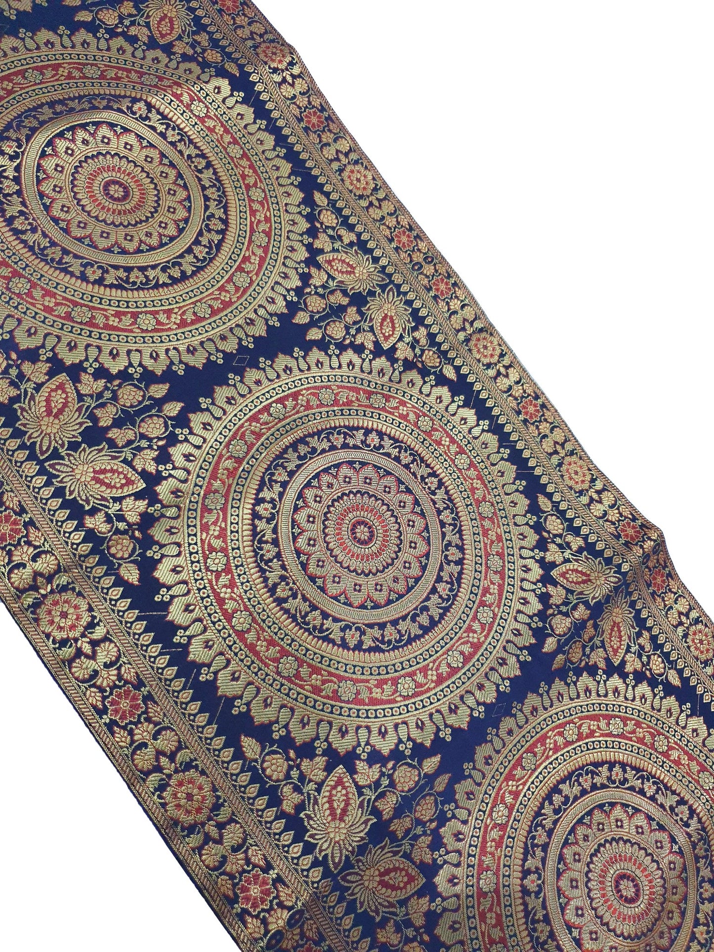 Dark Blue Table Runner 72x16" Banarasi Silk Brocade Mandala Dining Decor Cloth