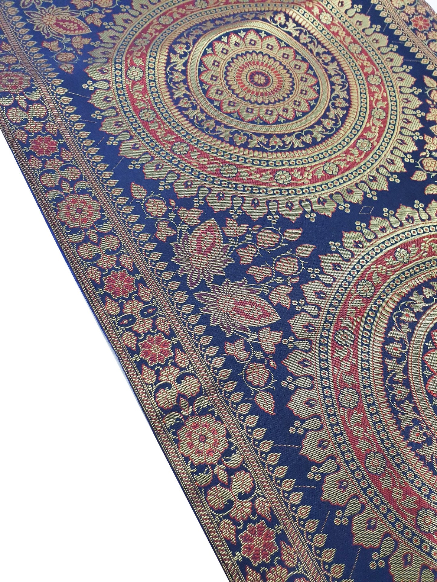 Dark Blue Table Runner 72x16" Banarasi Silk Brocade Mandala Dining Decor Cloth