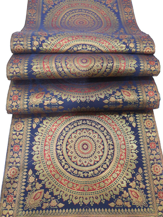 Dark Blue Table Runner 72x16" Banarasi Silk Brocade Mandala Dining Decor Cloth