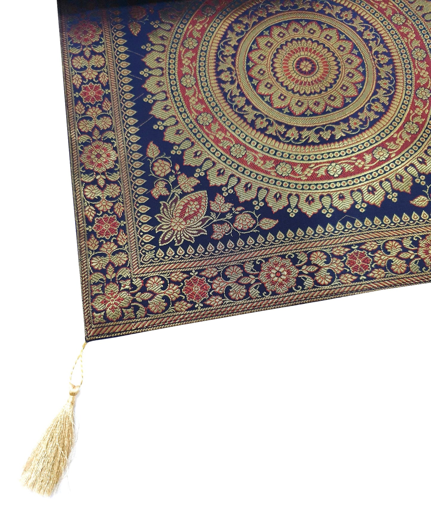 Dark Blue Table Runner 72x16" Banarasi Silk Brocade Mandala Dining Decor Cloth