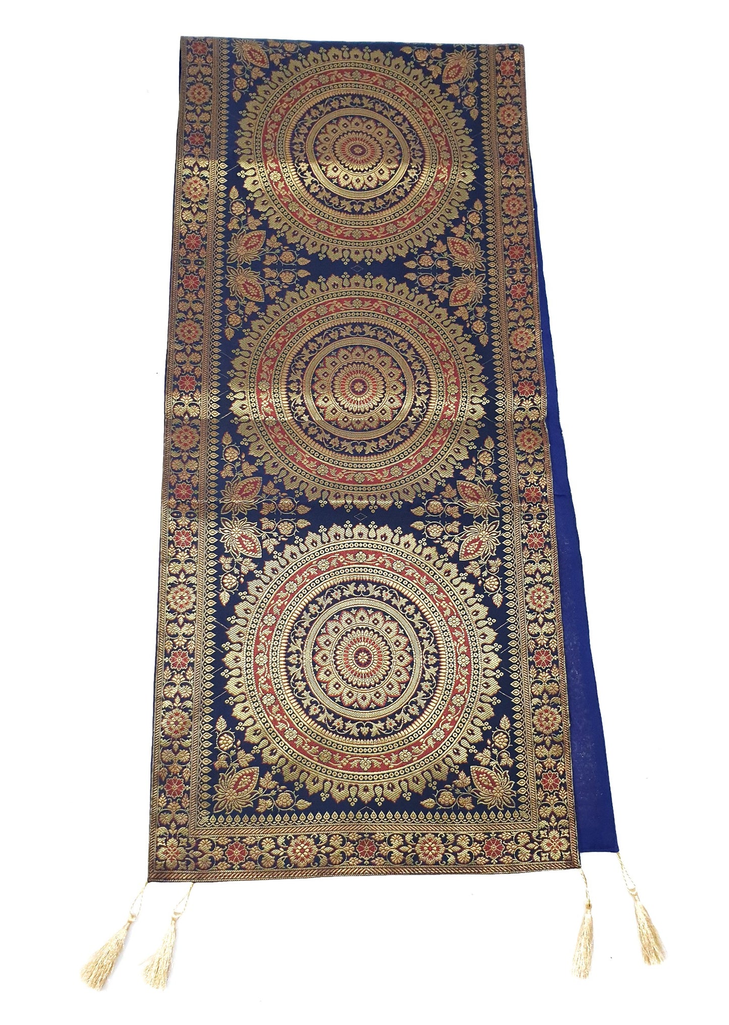 Dark Blue Table Runner 72x16" Banarasi Silk Brocade Mandala Dining Decor Cloth