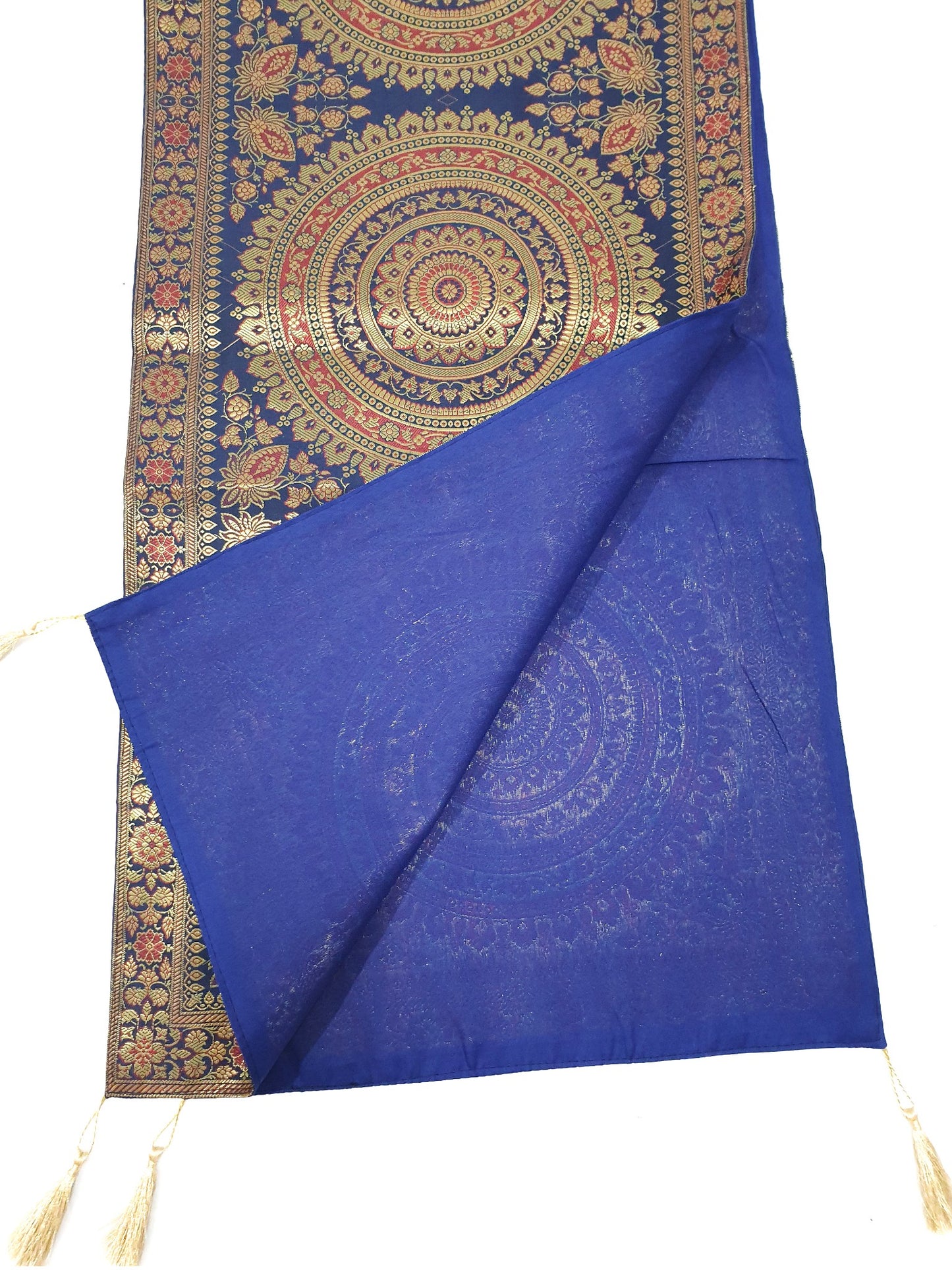 Dark Blue Table Runner 72x16" Banarasi Silk Brocade Mandala Dining Decor Cloth
